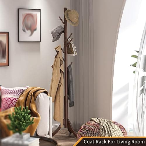 Furshus Coat Rack Freestanding, Coat Stands Entryway, Bamboo Coat Rack Hat Hanger 8 Hook for Jacket, Purse, Scarf Rack, Umbrella Tree Stand (Brown) thumbnail 6