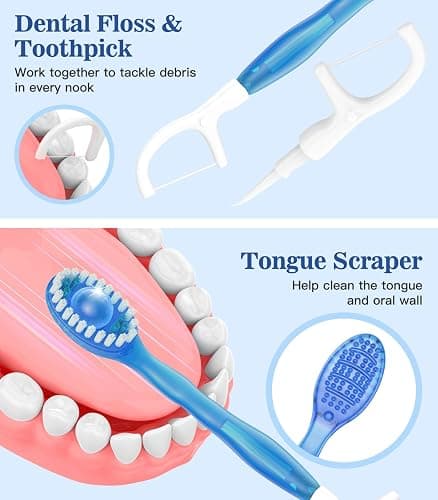 Litlcutie 48 Pack 5 in 1 Disposable Mini Toothbrush Travel Set Mint Flavor | Individually Wrapped, Built-in Toothpaste, Floss, Tooth Pick, Tongue Scraper, Portable for Kids Adults thumbnail 5