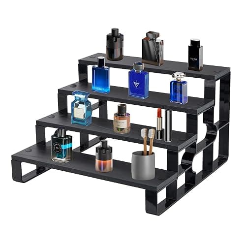 4 Tier Perfume Organizer for Dresser,Black Wood Cologne Stand for Men,Mens Shelf Decor for Bedroom,Perfume Holder for Bathroom,Risers Display Stands for Makeup,Party,Figures,Cupcake(Width=11.2") - Image 1