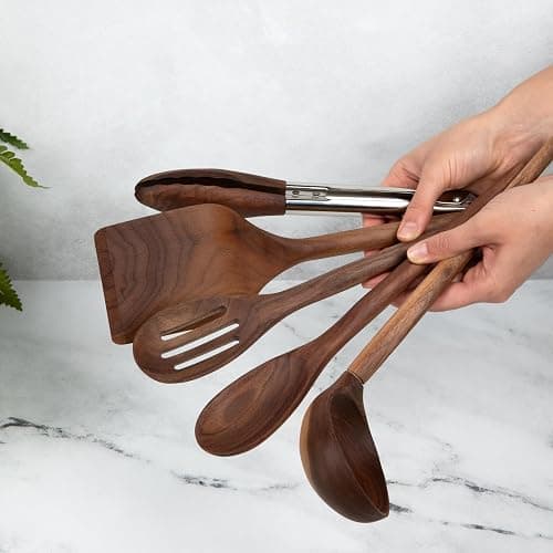 Salt & York 5-piece Walnut Wooden Kitchen Utensil Set - Includes Turner, Tongs, Slotted Spoon, Ladle, and 12" Spoon - Best Wooden Spoons for Cooking - Ideal for Nonstick Cookware thumbnail 4
