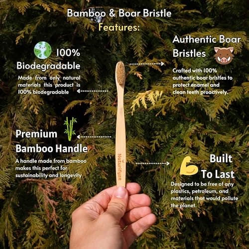 Naturifyze Boar Bristle & Bamboo Toothbrush (4 Pack) - Authentic Boar Bristles - Biodegradable - Plastic Free - Bamboo & Boar Bristle thumbnail 2