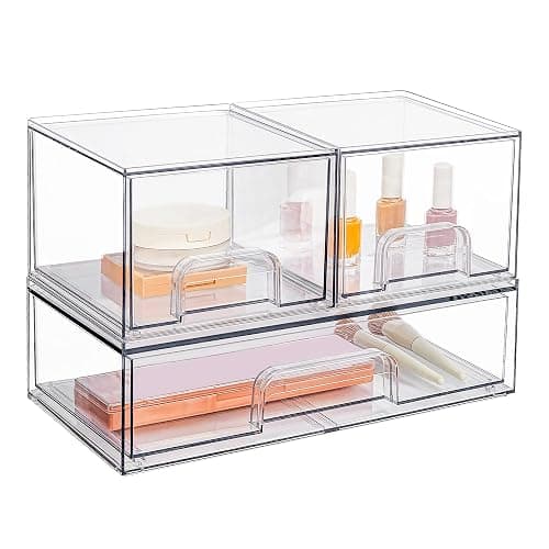 Vtopmart Stackable Storage Drawers Set of 3, 12" Wide and 4.4'' Tall Clear Plastic Organizer Bins for Makeup, Cosmetics, Beauty Supplies,Ideal for Vanity, Bathroom,Cabinet,Pantry Organization - Image 1