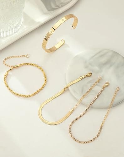 Gold Bracelets for Women 14K Gold Plated Stack Trend Bracelets Charm Paperclip Chain Cuban Link Layered Waterproof Bracelet Dainty Bracelet for Women Jewelry Gifts thumbnail 5