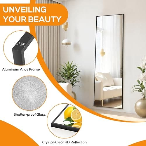Aidoly Mirror Full Length, Upgraded 16"x59" Body Wall Mirrors with Shatter-Proof Glass, Floor Standing, Hanging or Leaning, Tall Mirror with Stand Aluminum Alloy Frame for Bedroom Cloakroom | Shatter-Proof Glass, Floor Standing, Hanging or Leaning, Tall Mirror with Stand Aluminum Alloy Frame for Bedroom, Black thumbnail 5