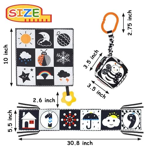 KUANGO 3 Pcs Black and White High Contrast Baby Toys for Newborn, Montessori Sensory Soft Book for Early Education, Infant Tummy Time Toys 0-9 Months Baby Gifts thumbnail 3