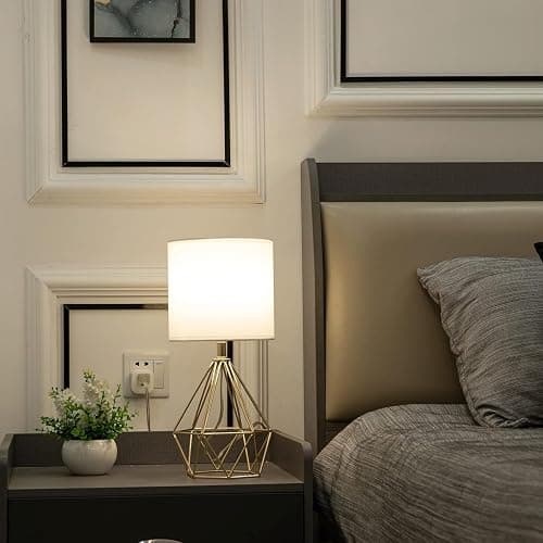 COTULIN Gold Modern Hollow Out Base Bedroom Small Table Lamp,Bedside Nightstand Lamp with Geometric Metal Base White Fabric Shade,Cute Desk Lamp for Kids Living Room thumbnail 4