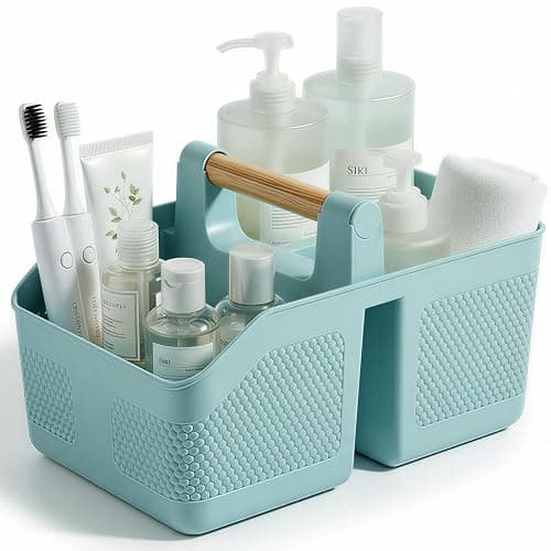 rejomiik Shower Caddy Portable with Bamboo Handle, Plastic Basket Cleaning Caddy Organizer Storage Tote for Bathroom, College, Dorm Room Essentials, Blue - Image 1
