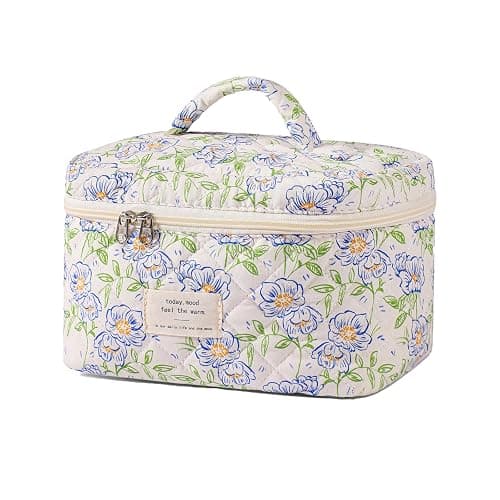 uekeboag Large Travel Quilted Makeup Bag for Women, Floral Cotton Cosmetic Bag, Coquette Aesthetic Floral Toiletry Organizer Bag - Image 1