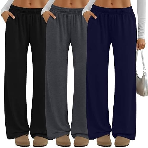 Neer 3 Pack Women's Lounge Pants Wide Leg Yoga Built in Drawstring High Waisted Casual Comfy Baggy Sweatpants with Pockets - Image 1