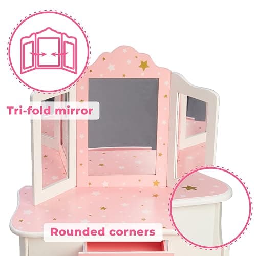 Teamson Kids Princess Gisele Twinkle Star Print 2-Piece Kids Wooden Play Vanity Set with Vanity Table, Tri-Fold Mirror, Storage Drawer, and Matching Stool, White with Pink and Gold Star Accent thumbnail 4
