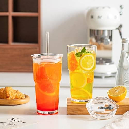 INSETLAN 20oz Clear Glass Cup with Lid and Glass Straw, Set of 2 Thickened Glass Coffee Tumblers, Drinking Glasses with Straw for Smoothie, Tea, Milk, Whiskey, Water and More – Elegant & Durable thumbnail 2