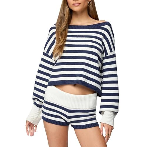 Women Striped Sweater Set Long Sleeve Sweater and Shorts Set 2 Piece Fall Matching Set Loungewear - Image 1