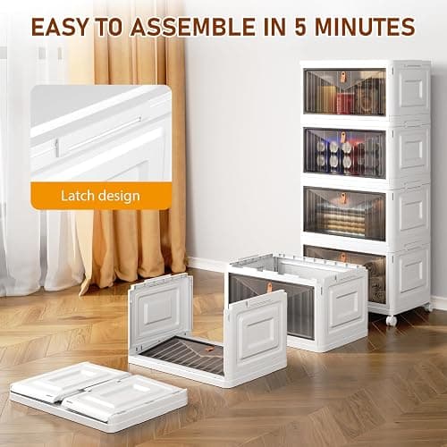 4 Tier Storage Bins with Lids, 23QT Stackable Closet Organizers and Storage with Wheels, Collapsible Storage Boxes, Foldable Plastic Storage Containers for Home,Office, Dorm Room-White thumbnail 3