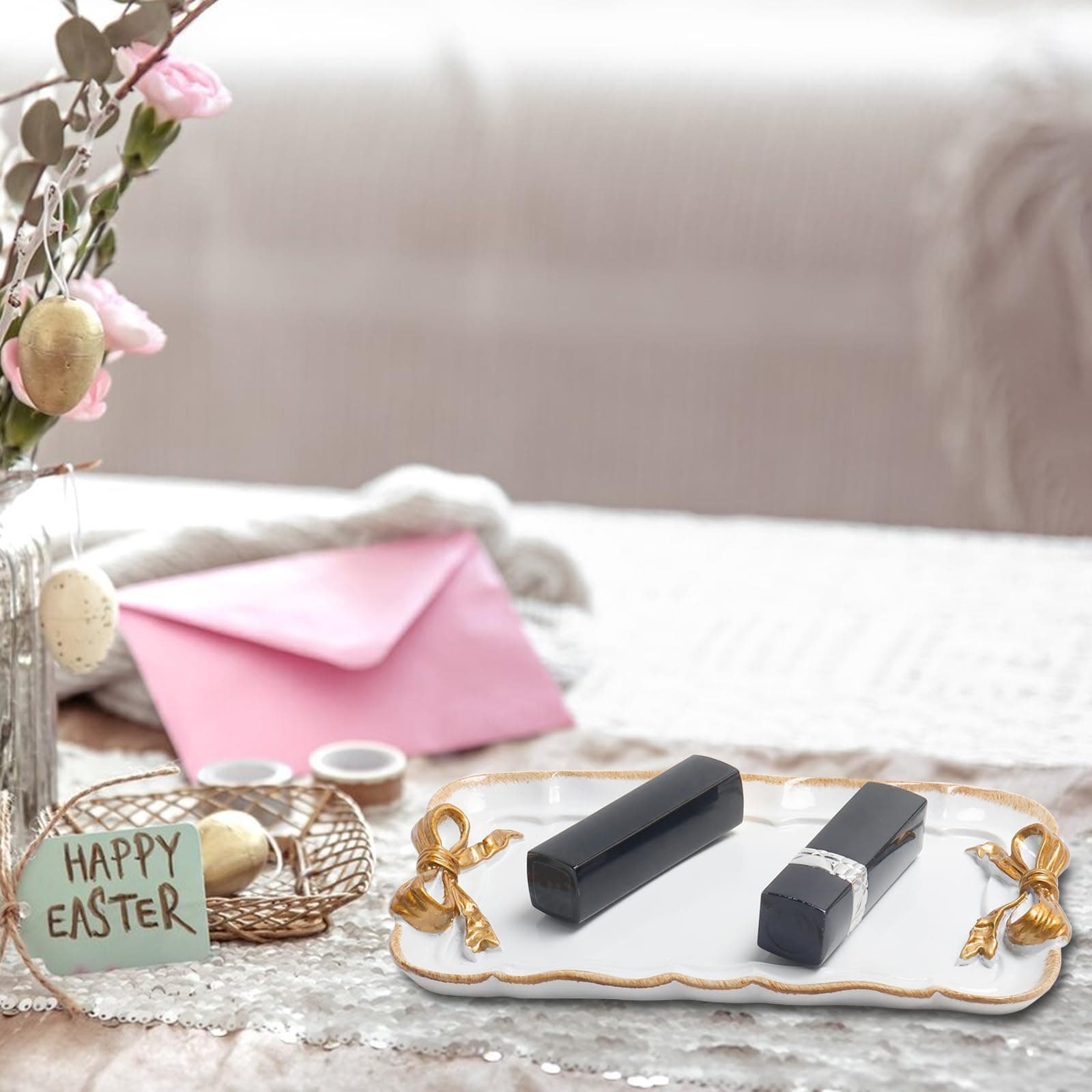Vintage Decorative Tray Towel Tray Tray Dish Plate Fruit Trays Rings Necklace Bracelets Earrings Trays Cosmetics Jewelry Organizer Retro Design Bow Knot Resin Plate (White) thumbnail 6