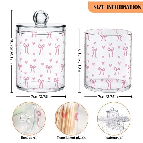 Gredecor 4 Pack Qtip Holder Clear Aesthetic Pink Ribbon Bow Apothecary Jars with Lids Acrylic Bathroom Jars Vanity Countertop Canister Storage Organizer for Cotton Ball,Swabs,Pads,Floss thumbnail 3