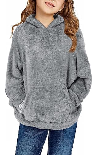Haloumoning Girls Fuzzy Fleece Pullover Hoodies Sweatshirt Casual Loose Outwear Coat with Pockets 4-15 Years - Image 1