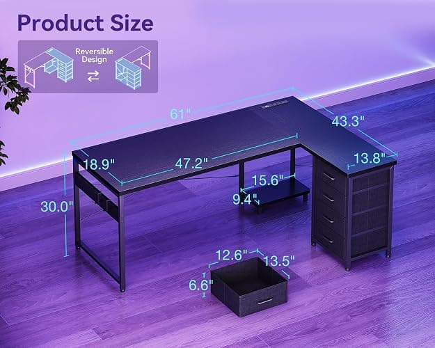 AODK L Shaped Gaming Desk with 4 Drawers, 61" Reversible Home Office Desks with Power Outlets, L Shaped Computer Desk with USB Charging Port and Host Stand, Corner Desk, Easy to Assemble, Black thumbnail 3