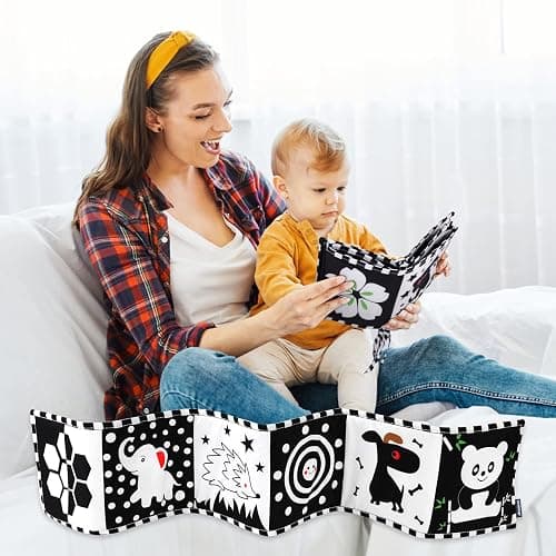 Vicloon Black & White Stoff-Buch,Bilderbuch aus Stoff,Schwarz Weiß Doppelseitig Baby Stoffbuch,Baby Spielzeug 0 6 Monate,Wahrnehmungs-Lernspielzeug,Geschenke für Babys -Tierstil thumbnail 6