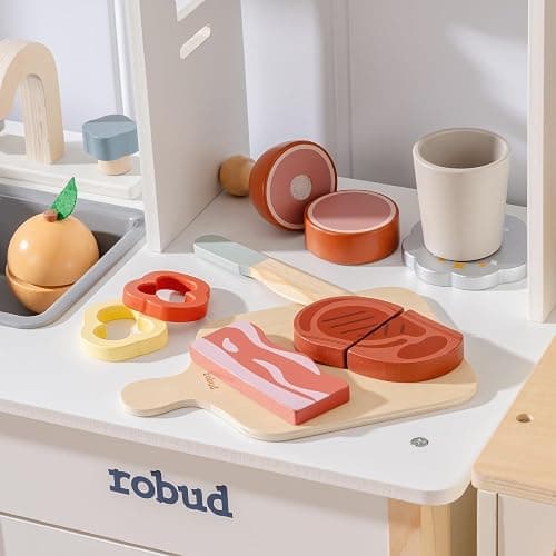 ROBUD Wooden Toy Food Set, Cutting Toy Food for Pretend Play Kitchen Accessories Toyfood Playset with Storage Bag, Toys Gifts for 3+ Year Old Girls Boys thumbnail 8