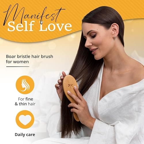 Premium Boar Bristle Hair Brush for Thick Hair Set. Hairbrush for Women With Thick, Long or Curly Hair. Restores Hair's Shine and Health. Comb, Travel Bag & Spa Headband Included thumbnail 2