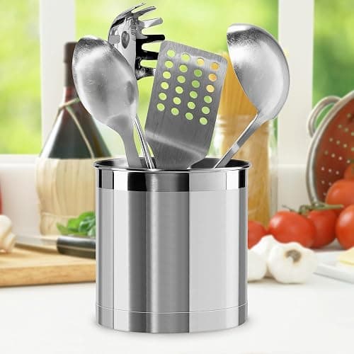 Oggi Stainless Steel Jumbo Utensil Holder - 7" Utensil Caddy, Weighted Base for Stability - Extra Large Utensil Crock and Countertop Utensil Organizer, Stainless Steel thumbnail 4