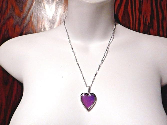 Glitter Heart Locket Mood Pendant on Silvertone Chain Necklace Color-Changing thermochromic thumbnail 5