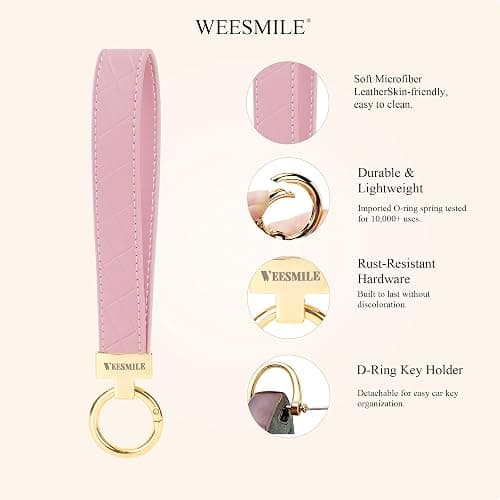 Leather Wristlet Keychain, Car Wrist Key Chain Bracelet with 2 Key Rings & D Ring, Cute Wrist Lanyard for Women Men thumbnail 4