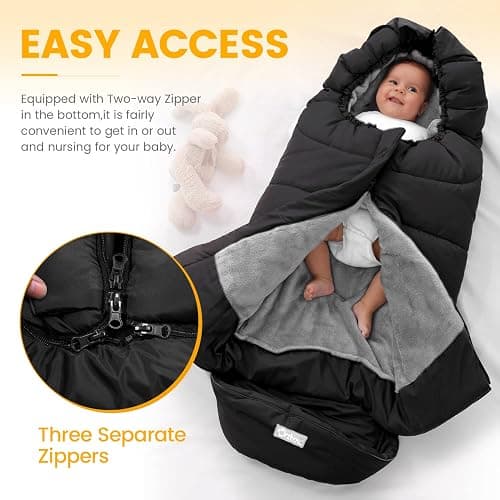 Orzbow Universal Toddler Stroller Footmuff, Winter Warm Water-Repellent Bunting Bag for Babies, Toddlers and Kids - Cold Weather Zipper Blanket Cover for Strollers and Car Seats Accessories, Black thumbnail 5