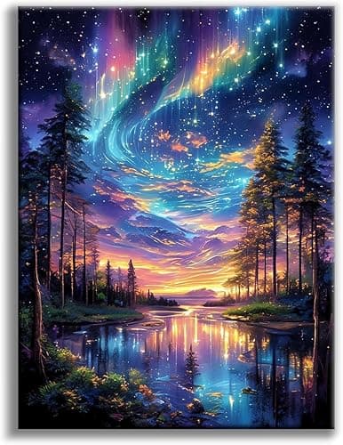Starry Sky Diamond Art Kits for Adults, 5D Aurora Lake Diamond Painting Kits for Beginners, Fantastic Landscapes DIY Full Drill Dots Gem Art Paint for Home Wall Decor 30x40 cm - Image 1