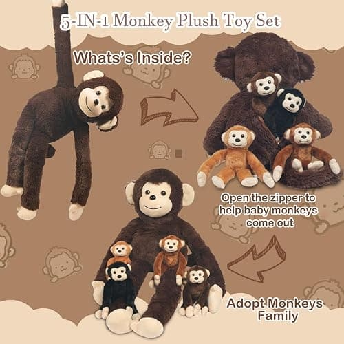 5 PCS Monkey Stuffed Animal, Large Huggable Stuffed Monkey Toy with 4 Baby Monkeys Inside, Hanging Plush Monkeys with Hook and Loop Suprise Gifts for Kids Christmas Birthday Jungle Forest Party Decor thumbnail 3