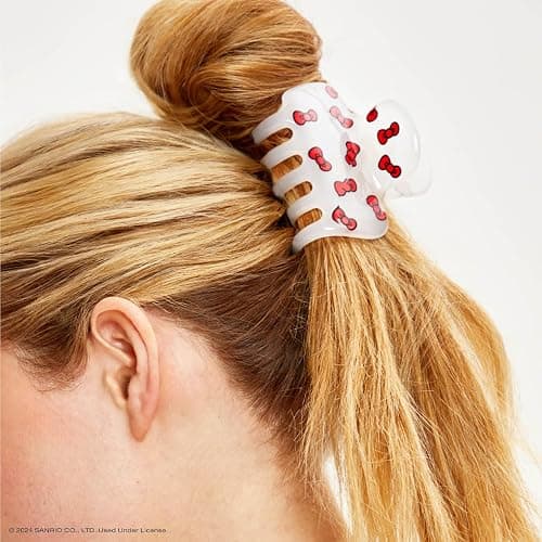 Hello Kitty x Kitsch 2 Pcs Medium Claw Clips | Recycled Plastic Hair Accessories for Women & Girls | Bow Shape & Kitty Bow Print Design | Cute Clips for All Hair Types & Everyday Use - White & Red thumbnail 5
