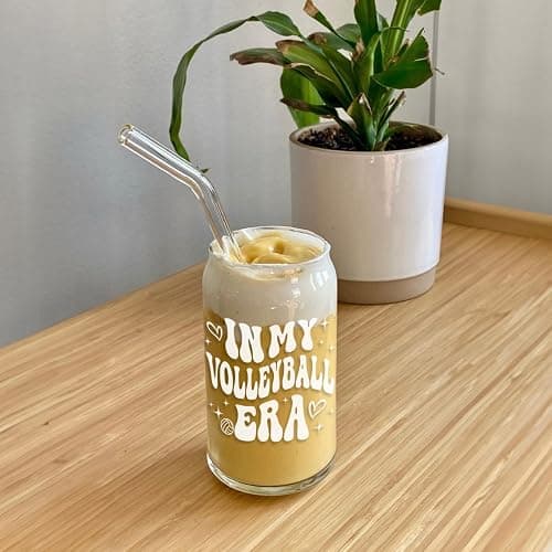Mikopei Volleyball Gifts for Teen Girls - Cute Glass Cups with Lids and Straws, In My Volleyball Era Accessories Stuff Things Water Bottle for Women Team, Iced Coffee Cup, 16 oz Visit the Store thumbnail 6
