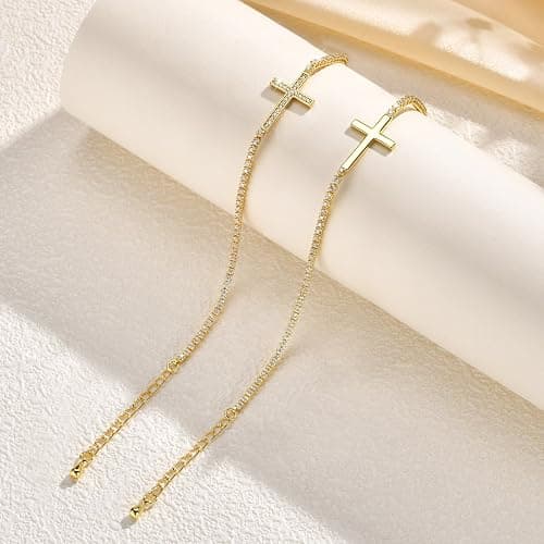 Cross Tennis Bracelets for Women : Classic Bracelet Cubic Zirconia with 14K Gold Plated Religious Wrist Chain Trendy Adjustable Link Chain Jewelry Gifts thumbnail 6