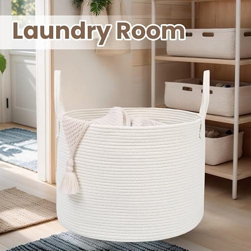 JMvicyroam Woven Blanket Basket,65L Large Rope Storage Bin with Handles, Organizer for Blankets Toys Book and Clothes, Laundry Basket for Living Room Bedroom Nursery,White thumbnail 7