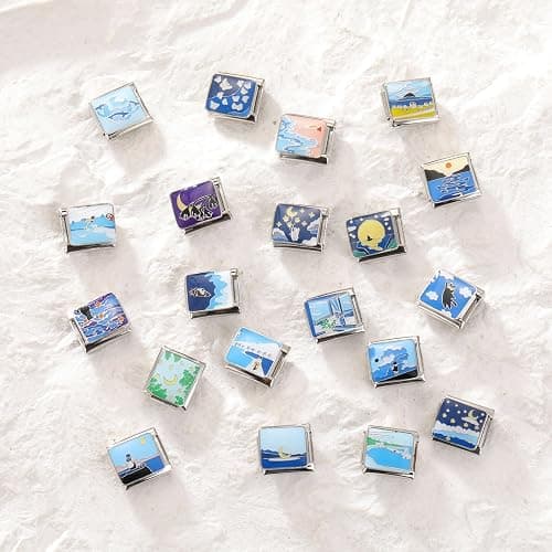 papasgix Italian Charm Bracelet Charms Pack Links Bulk with Opening Tool 9mm Italian Charms 10 Blue Italian Modular Bracelet Links Handmade DIY Jewelry Flowers Night Sky thumbnail 2