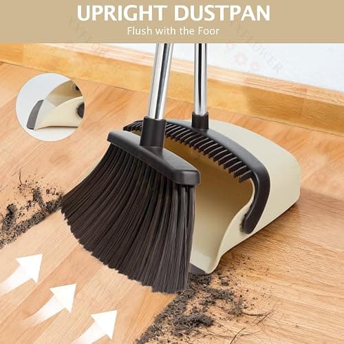 XXFLOWER Broom and Dustpan Set with Long Handle, Heavy Dust Broom and Dustpan Combo for Home，Kitchen, Office, Pet Hair(Beige) thumbnail 6