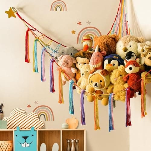 Stuffed Animal Hammock Corner Storage Net Cute Preppy Trendy Stuff Gifts for Teen Girls Baby Room Wall Nursery Decor Rainbow Color Colorful Unicorn Hanging Organizers XL Large thumbnail 4