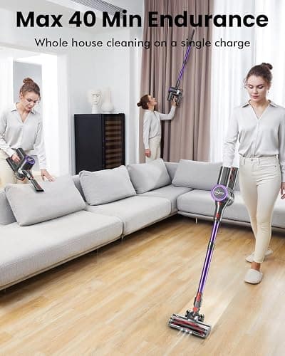 PINICO Cordless Vacuum Cleaner, 25kPA Vacuum Cleaners for Home, Stick Vac with Anti-Tangle Brush, 40 Mins Runtime, Lightweight, Versatile for Carpet, Hard Floor, Pet Hair (Purple) thumbnail 3