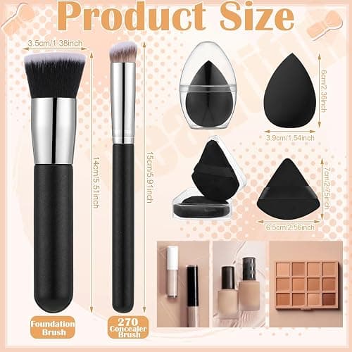 6Pcs Foundation Brush for Liquid Makeup,Liquid Foundation Brush with Makeup Sponge and Powder Puff for Foundation, Powder, Blush, and Concealer(Black) thumbnail 3