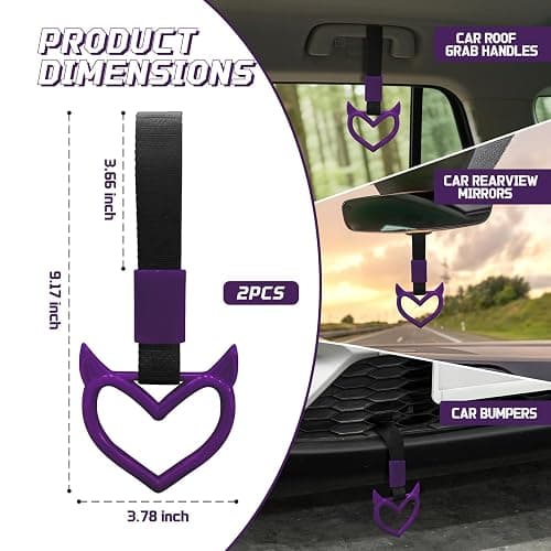 JUYQZ 2 Pcs Devil Heart Shaped Car Handle Strap – Drift Charm Rear Bumper Warning Ring Decor for Car Interior Exterior, Subway Bus Handle Accessory, Cute Heart Car Decor Gift for Drivers (Purple) thumbnail 3