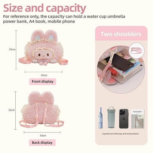 GUULYMIE Pink Bunny Plush Backpack 15 Inch Cute Rabbit Head Stuffed Animal Bag with Adjustable Straps Handmade Soft Lightweight Plush Backpack for Daily Use Photos Travel and Room Decor thumbnail 6