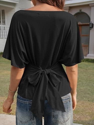 Cicy Bell Womens Summer Wrap Tops Casual Short Sleeve Tie Back Cinched Waist T Shirts Trendy Boat Neck Blouse thumbnail 2