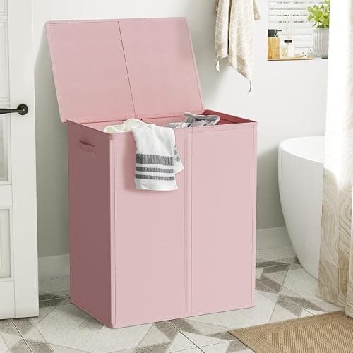 WOWLIVE 154L Double Laundry Hamper with Lid and Removable Laundry Bags, Large Dirty Clothes Hamper 2 section Collapsible Laundry Basket Dorm Room Storage for Bedroom, Bathroom, College,Pink thumbnail 2