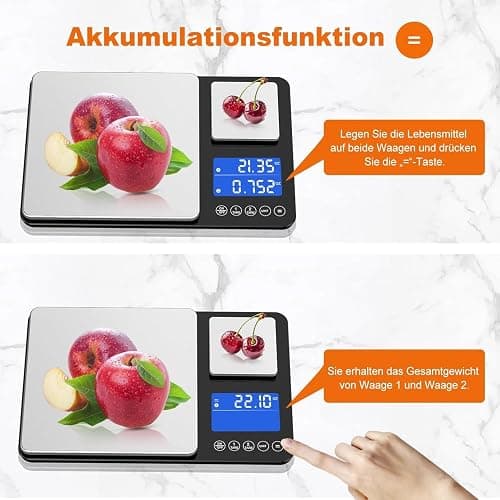 Küchenwaage Digital,Digitale KüChen mit 2 Plattformen 15kg/1g & 500g/0.01g Feinwaage mit 7/6 Einheiten,Summierungsfunktion,Auto-Off, Tara,No Usb,LCD,für KüChe Schmuck Backen Kochen,inkl. Batterien thumbnail 4