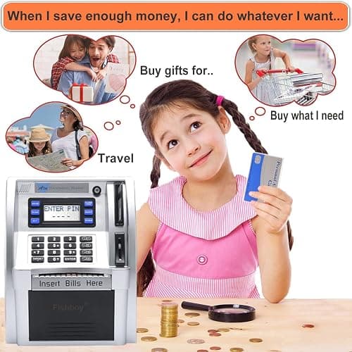 Fishboy ATM Piggy Bank for Kids with Power-Off Memory and Debit Card for Real Money, Onekey Shutdown, Coin Recognition, Target Setting, Bill Feeder, Balance Calculator, Savings Machine Box thumbnail 3
