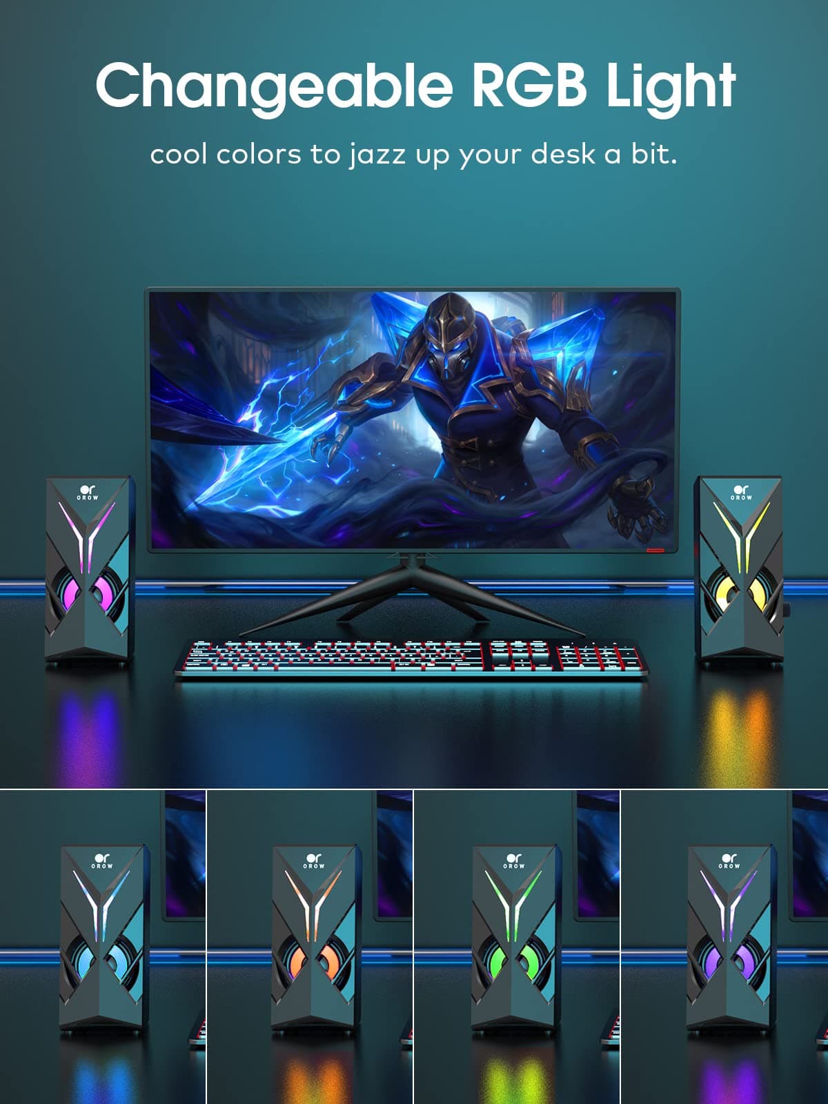 OROW 10W RGB Computer Speakers with Volume Control, Colorful LED Gaming Speakers for PC/Desktop/Laptop/Monitor, 3.5mm Aux Input, Lights On/Off Option (S201) thumbnail 2