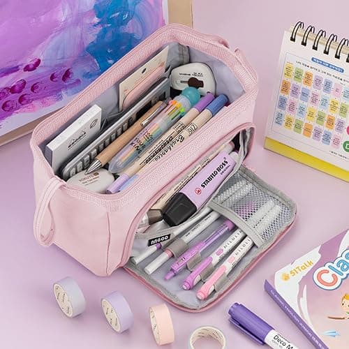 MAMUNU Pencil Case Pouch Large Capacity with Compartments, Pencil Case Pouch Bag with Zipper Handle for Teen Girls Adults Women, Portable Pen Bag Stationery Organizer for Office School Travel, Pink thumbnail 2