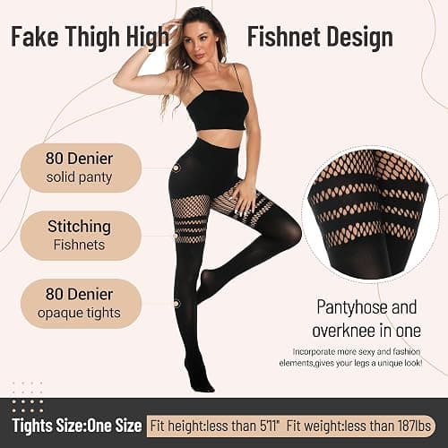 MANZI Womens Faux Thigh High Fishnet Stockings Stitching Opaque Pantyhose Mock Over the Knee Goth Striped Suspender Tights thumbnail 3