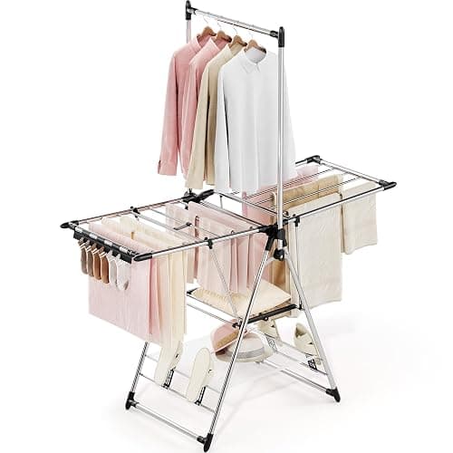 APEXCHASER Clothes Drying Rack with High Hanger, Foldable 3-Level Drying Racks with Shoe Rack, Crossbar and Vertical Rod Laundry Stand with Adjustable Wings Silver - Image 1