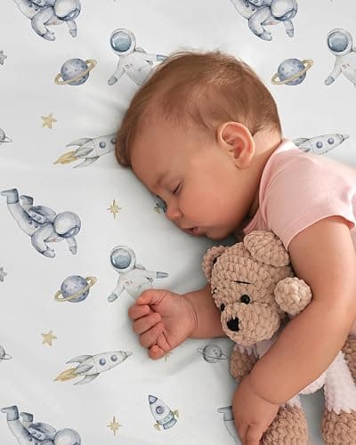 FIEMOL Baby Crib Sheets for Boys and Girls, Toddler Bed Sheets Fitted for 52”x28” Standard Crib and Toddler Mattresses, 4 Pack Soft Stretchy Microfiber Blue Space Astronaut thumbnail 5